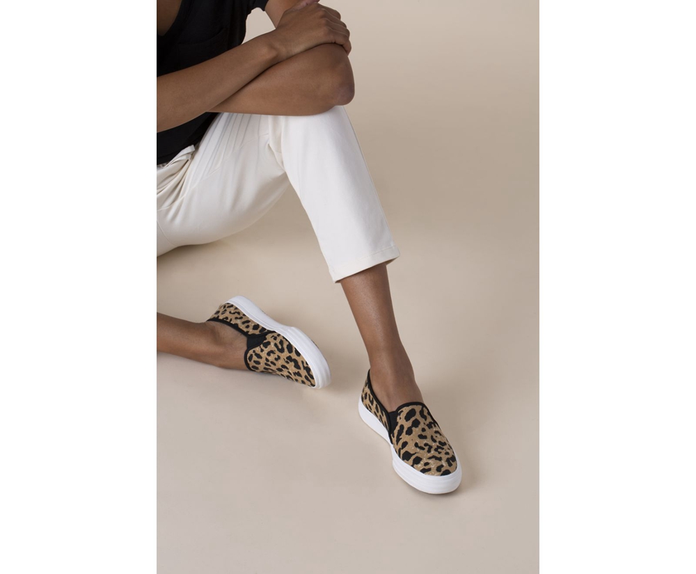 Keds Slip Ons Brown - Double Decker Leopard - Womens JWOVZB-652